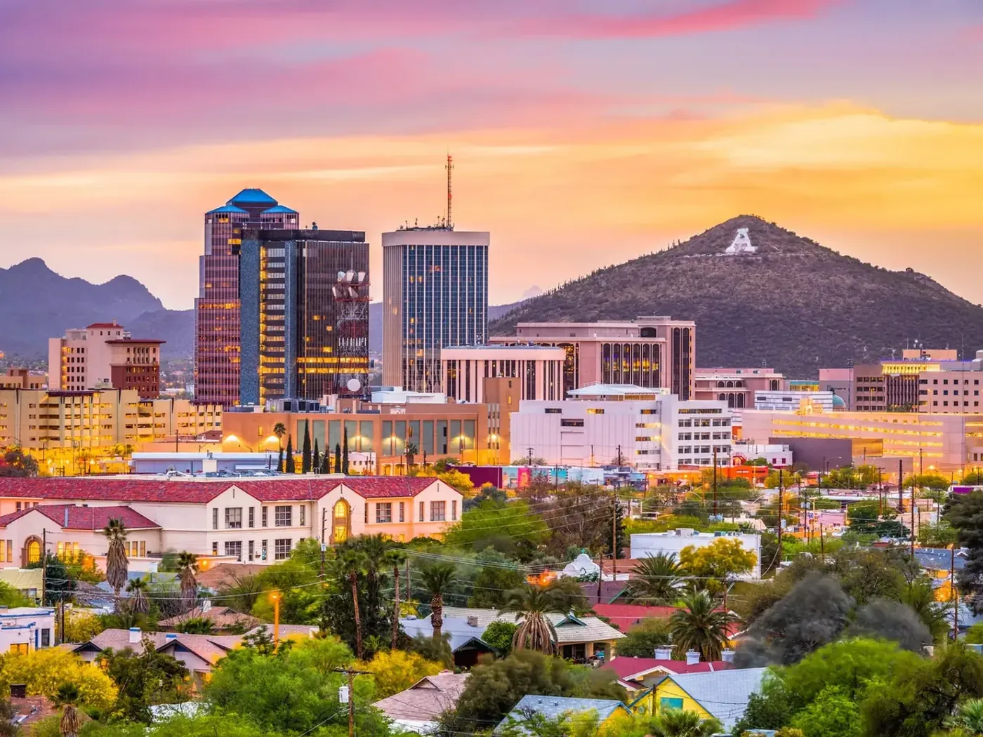 Tucson skyline at sunset with Sentinel Peak and the A mountain in Southern Arizona